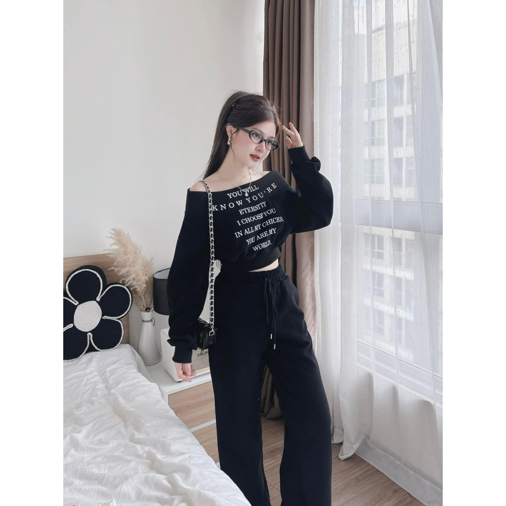 Set đồ nữ, đồ bộ nữ DONNA HCOM3616 áo trễ vai mix quần suông cạp chun trẻ trung, năng động