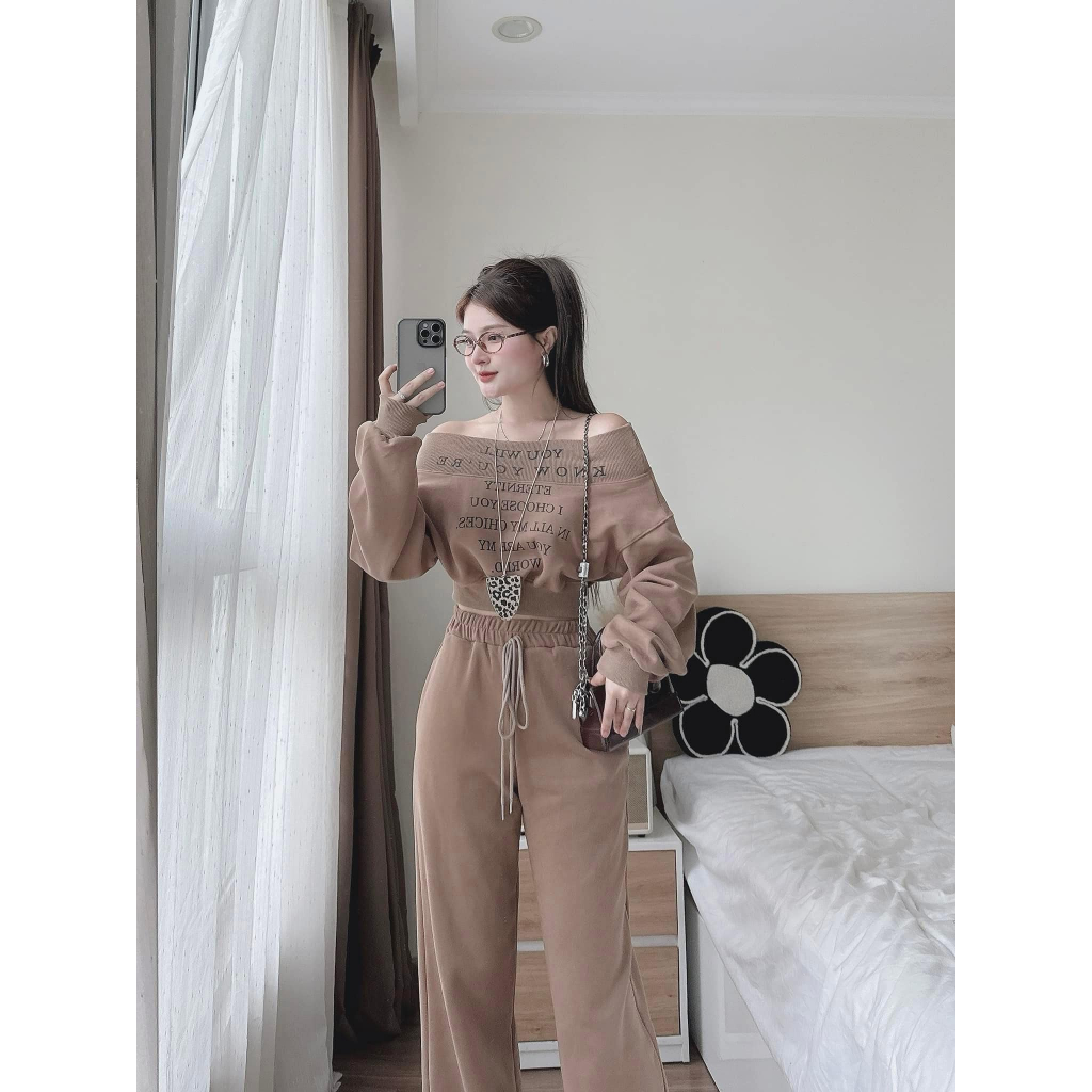 Set đồ nữ, đồ bộ nữ DONNA HCOM3616 áo trễ vai mix quần suông cạp chun trẻ trung, năng động