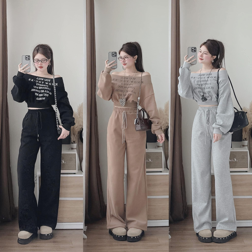 Set đồ nữ, đồ bộ nữ DONNA HCOM3616 áo trễ vai mix quần suông cạp chun trẻ trung, năng động