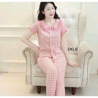 Set Pijama Cổ Bèo Kẻ Caro – Chất Thô Đũi Mềm Mại Mặc Nhà Mềm Nhẹ Thoáng Khí - Anh Thư Shop (AT21)