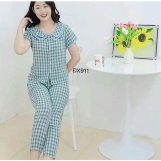 Set Pijama Cổ Bèo Kẻ Caro – Chất Thô Đũi Mềm Mại Mặc Nhà Mềm Nhẹ Thoáng Khí - Anh Thư Shop (AT21)