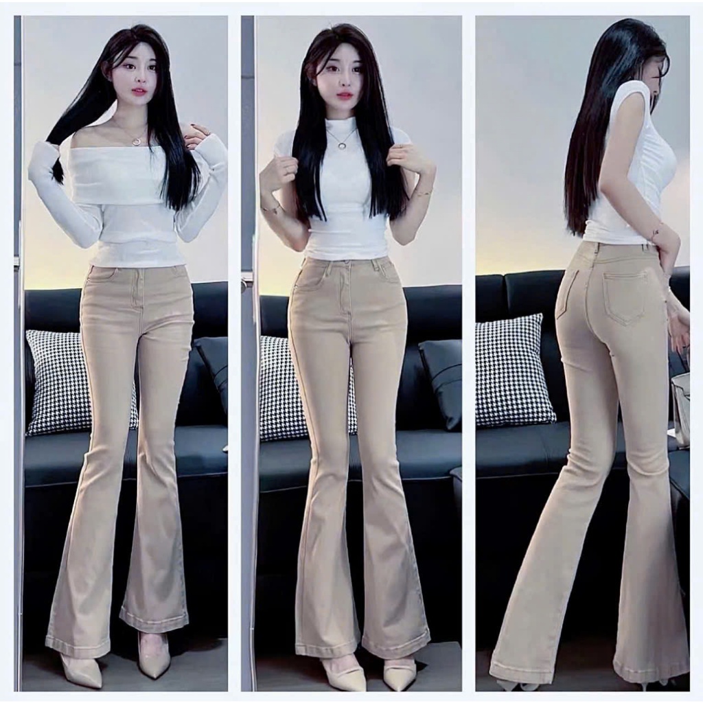 Quần Jeans Nữ Lưng Cao Ống Loe dài co giãn màu kem dễ phối đồ