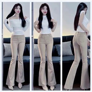 Quần Jeans Nữ Lưng Cao Ống Loe dài co giãn màu kem dễ phối đồ
