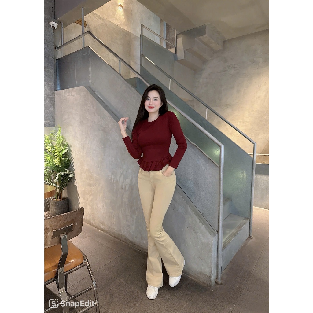 Quần Jeans Nữ Lưng Cao Ống Loe dài co giãn màu kem dễ phối đồ