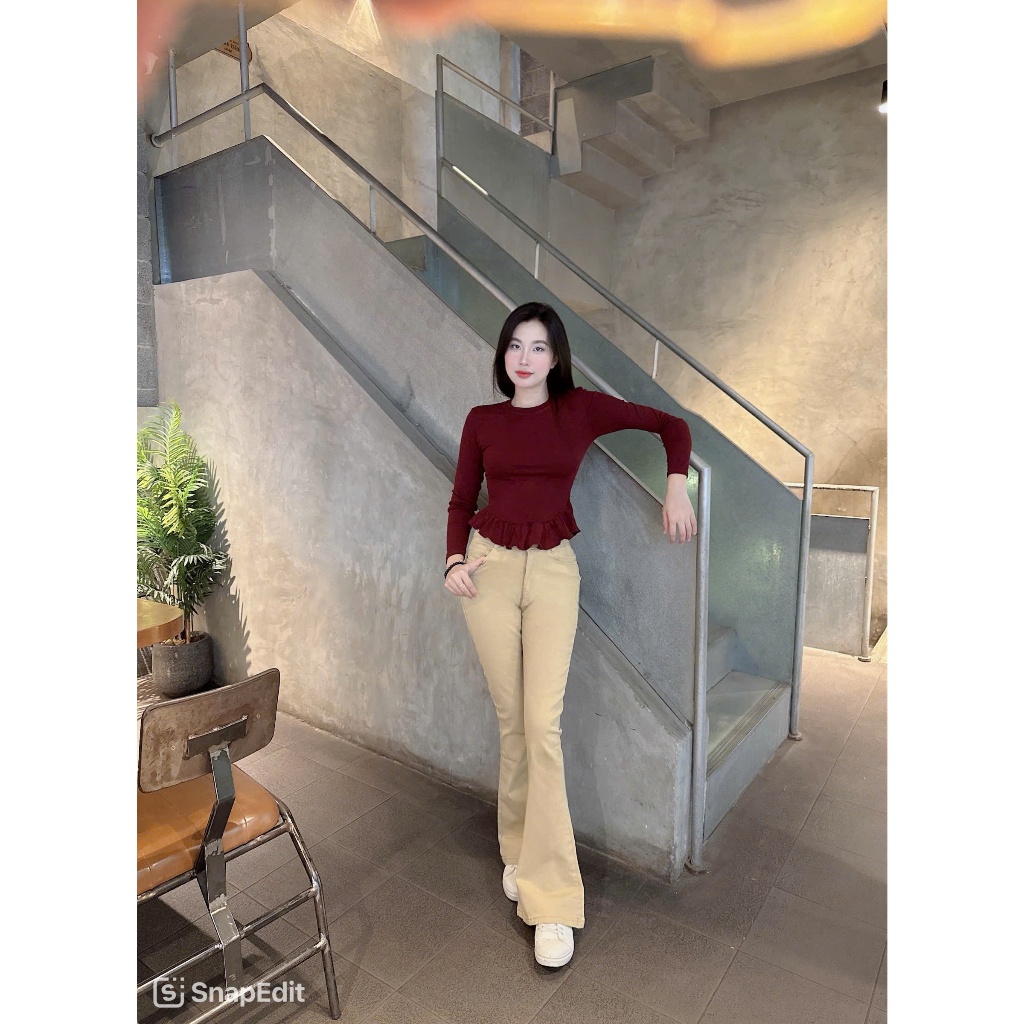 Quần Jeans Nữ Lưng Cao Ống Loe dài co giãn màu kem dễ phối đồ
