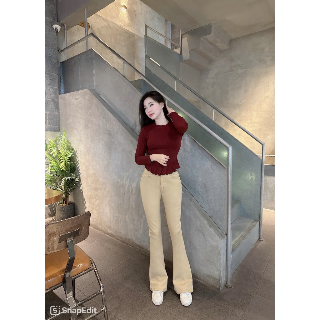 Quần Jeans Nữ Lưng Cao Ống Loe dài co giãn màu kem dễ phối đồ
