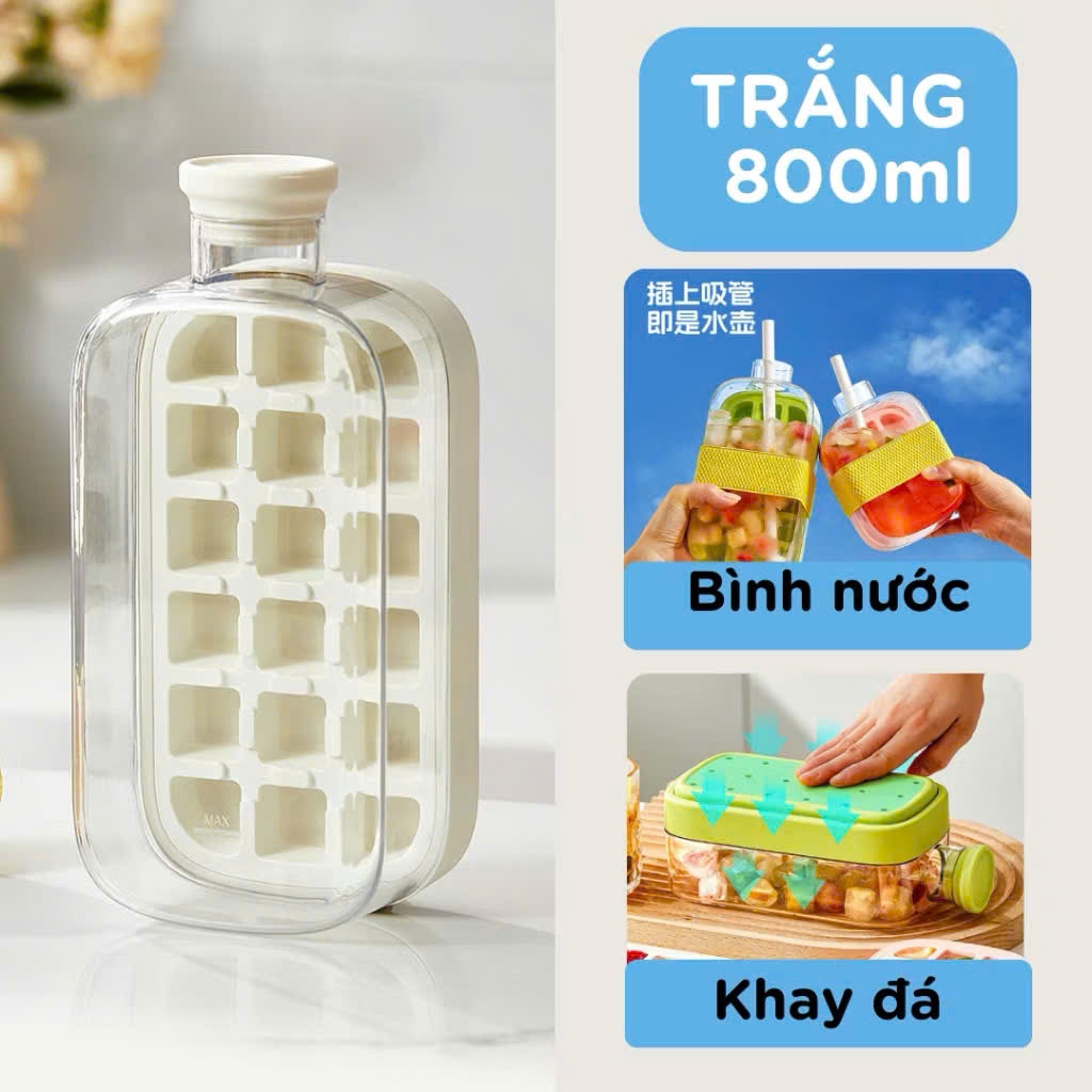 Bình Đựng Nước Tích Hợp Khay Làm Đá Không Bị Gỉ Nước 800ml Có Nắp Nhấn Lấy Đá