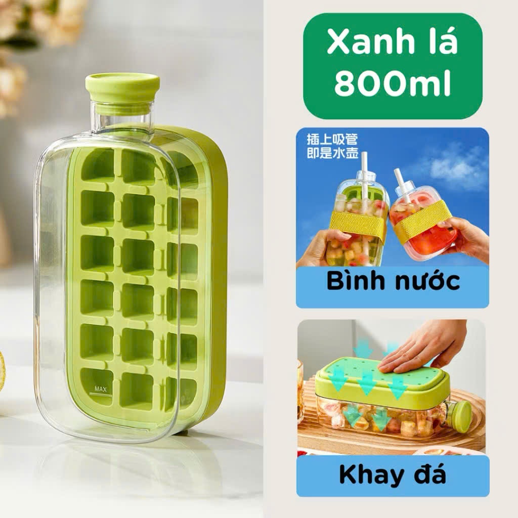 Bình Đựng Nước Tích Hợp Khay Làm Đá Không Bị Gỉ Nước 800ml Có Nắp Nhấn Lấy Đá