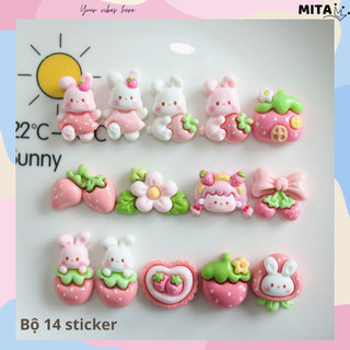 Set 14 Sticker, Charm 3D chủ đề thỏ dâu gắn Dép Sục, Cá Sấu JB-186 Mita
