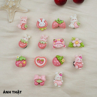 Set 14 Sticker, Charm 3D chủ đề thỏ dâu gắn Dép Sục, Cá Sấu JB-186 Mita