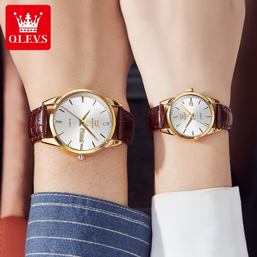 OLEVS Đồng hồ cặp đôi chính hãng mặt số dây da thời trang chống thấm nước dạ lịch Quà tặng 6898
