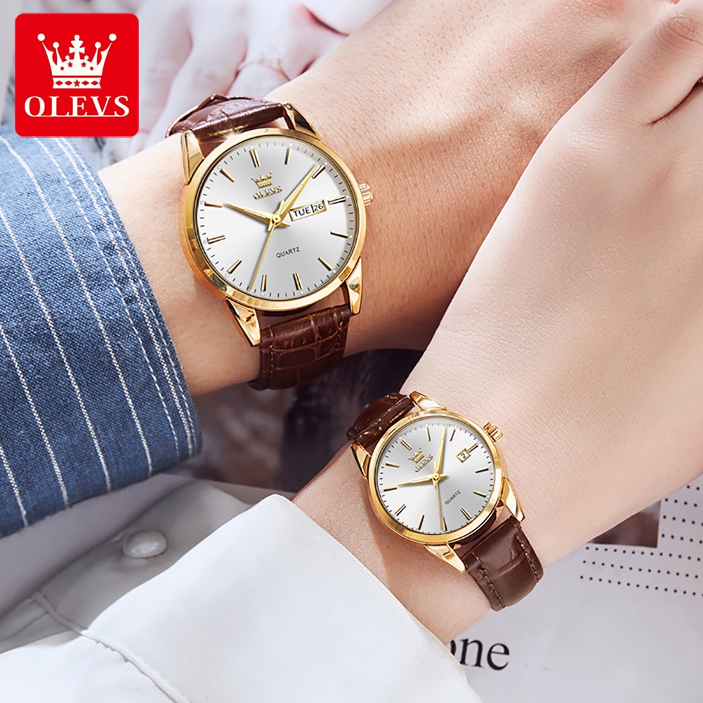 OLEVS Đồng hồ cặp đôi chính hãng mặt số dây da thời trang chống thấm nước dạ lịch Quà tặng 6898