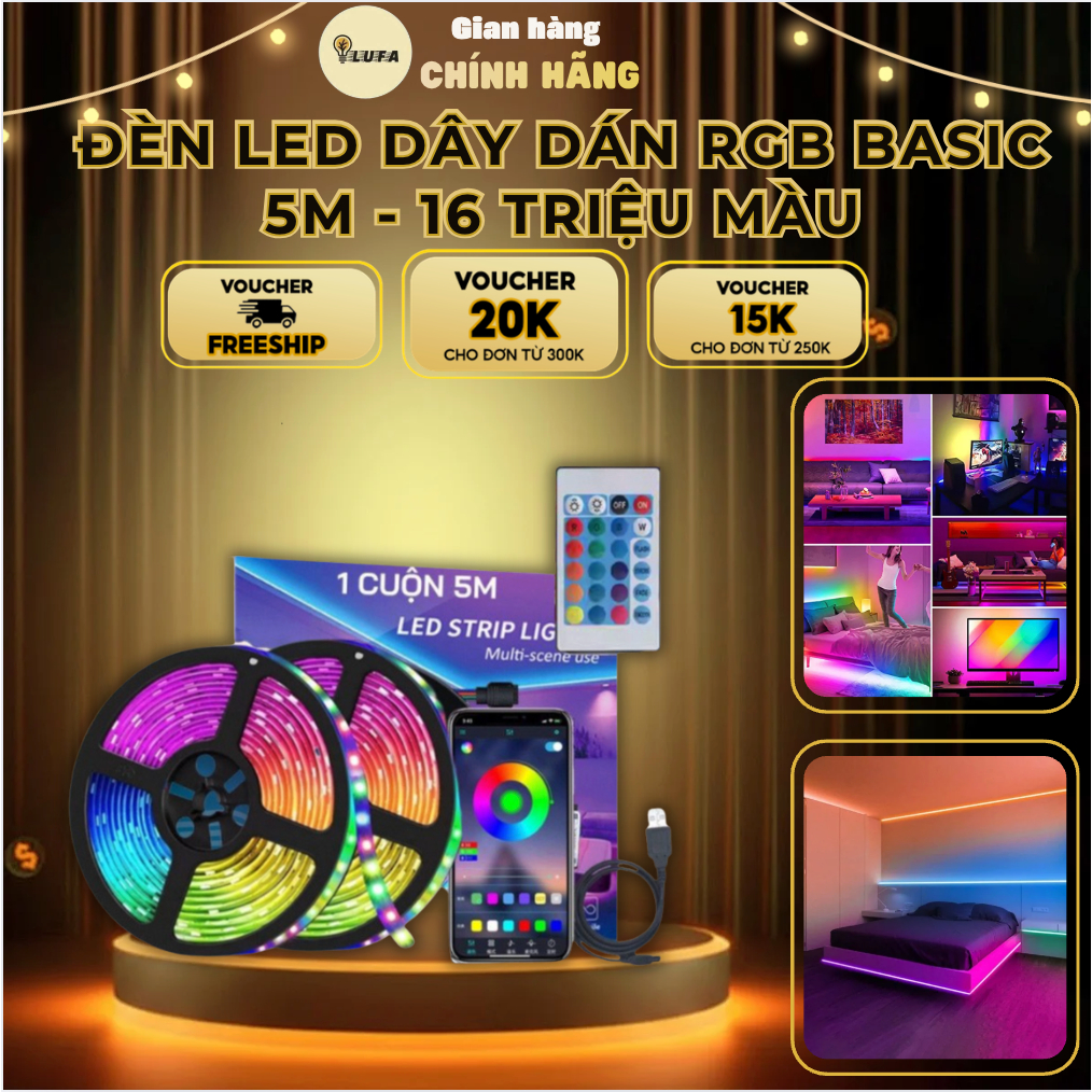 Dây đèn Led RGB BASIC cuộn dán 5M 16 triệu màu cảm biến âm thanh chống ...