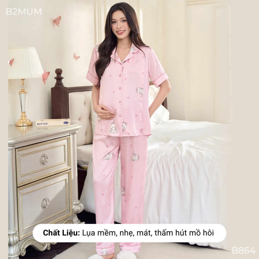 Bộ Bầu Chất Lụa - Mềm Nhẹ Mát - Có Khóa Dọc Cho Bé Ti Và Chun Chỉnh Bụng B864 B2MUM