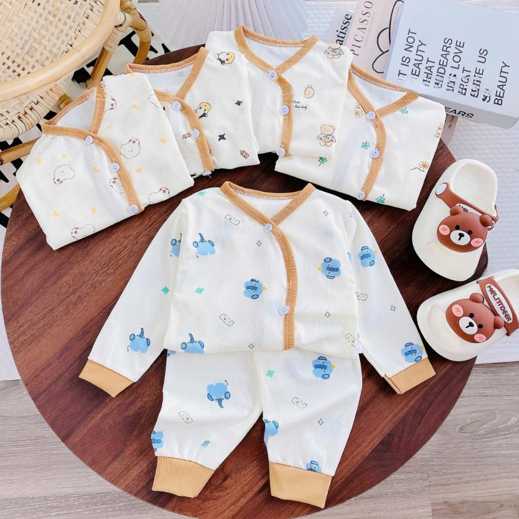 [Peinn] Combo 3/5 bộ quần áo dài tay chất tăm lạnh hàn quốc cho bé trai và bé gái sơ sinh từ 3-9kg