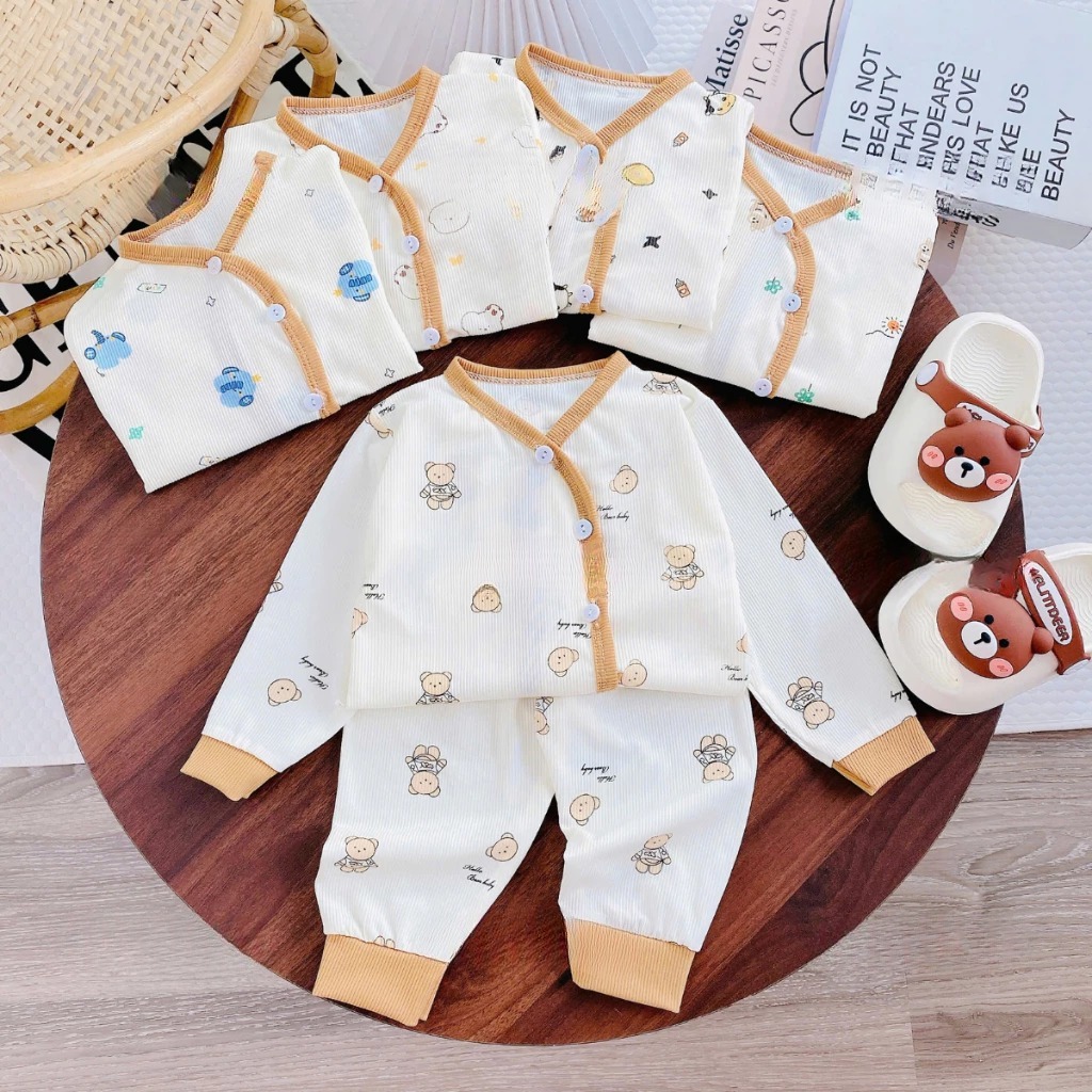 [Peinn] Combo 3/5 bộ quần áo dài tay chất tăm lạnh hàn quốc cho bé trai và bé gái sơ sinh từ 3-9kg