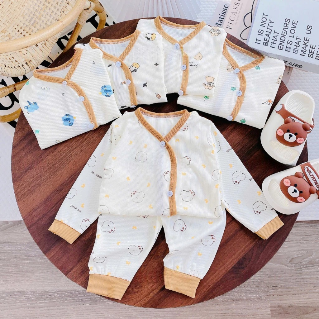 [Peinn] Combo 3/5 bộ quần áo dài tay chất tăm lạnh hàn quốc cho bé trai và bé gái sơ sinh từ 3-9kg