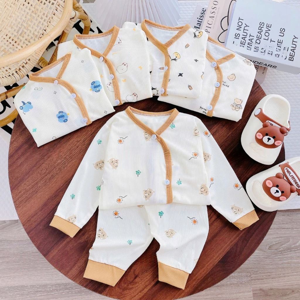 [Peinn] Combo 3/5 bộ quần áo dài tay chất tăm lạnh hàn quốc cho bé trai và bé gái sơ sinh từ 3-9kg