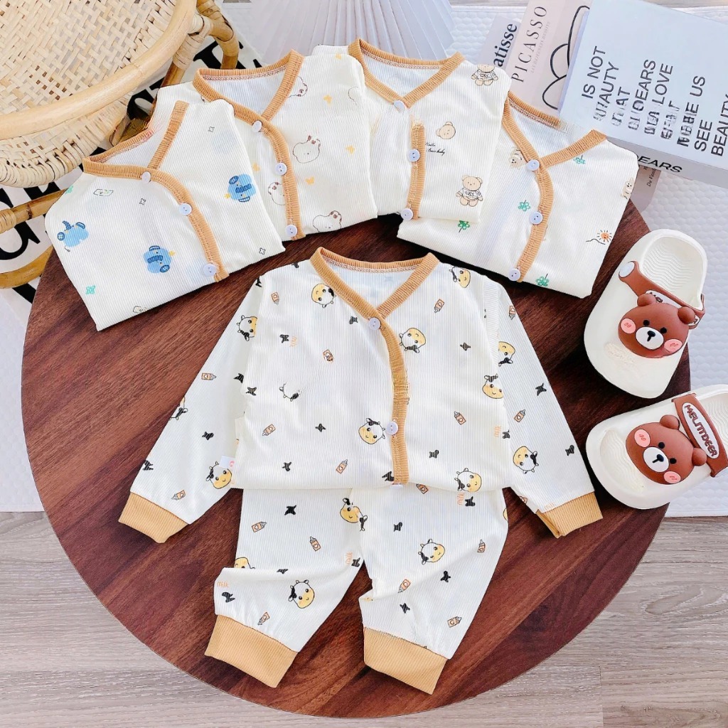 [Peinn] Combo 3/5 bộ quần áo dài tay chất tăm lạnh hàn quốc cho bé trai và bé gái sơ sinh từ 3-9kg