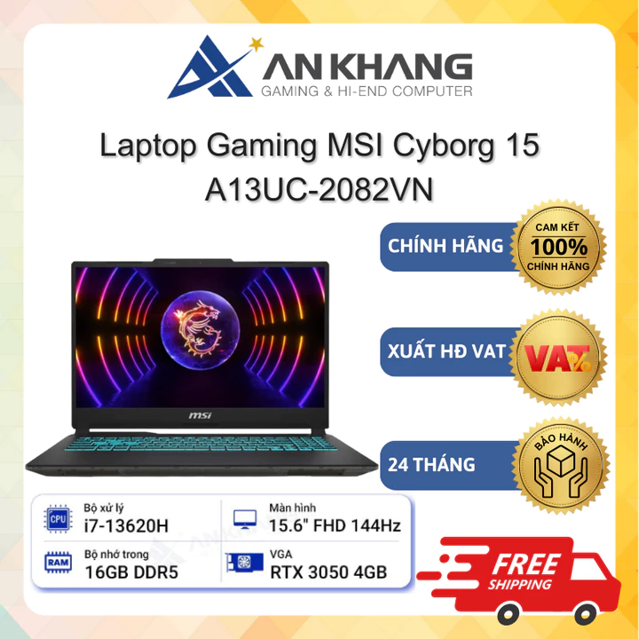 Laptop Gaming MSI Cyborg 15 A13UC-2082VN (i7-13620H;16GB;512GB SSD;RTX3050/4GB;15.6" FHD 144Hz;Win11) Chính hãng BH 24T