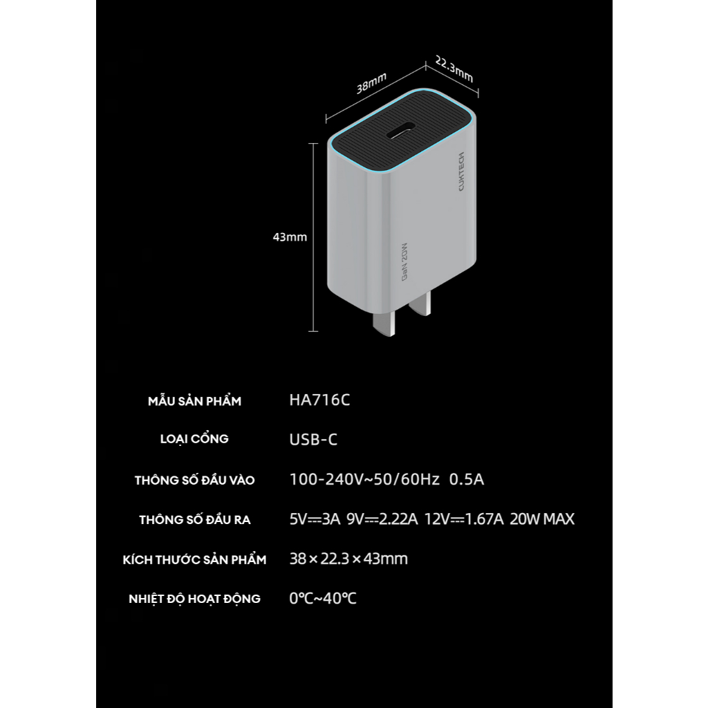 Củ Sạc GaN CUKTECH HA716C 1C | Công Suất Max 20W | 7 Lớp Bảo Vệ | Bảo Hành 18 Tháng | BigBuy360 - bigbuy360.vn
