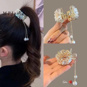 Kẹp Đuôi Ngựa Kim Loại Đính Hoa Phối Tua Rua