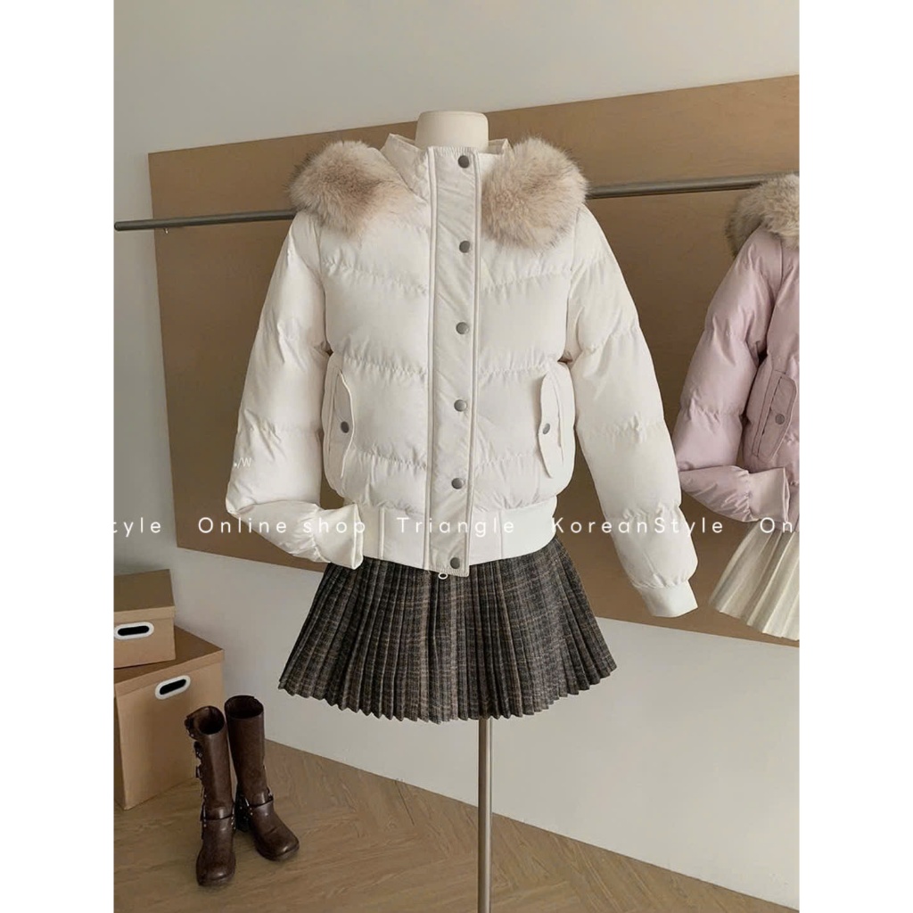 TRIANGLE - Young Puffer Jacket (form bé) (Cân nhắc kỹ, return is not welcomed) Áo khoác phao mũ lông Hàn Quốc lót lông