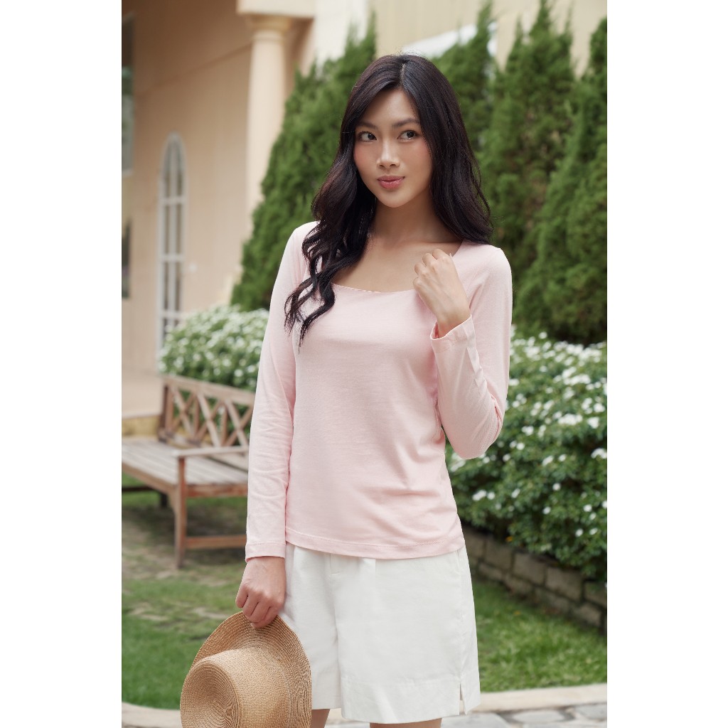Áo Thun Nữ Cổ Vuông Tay Dài Chất Cotton Nhiều Màu NINOMAXX 2510002