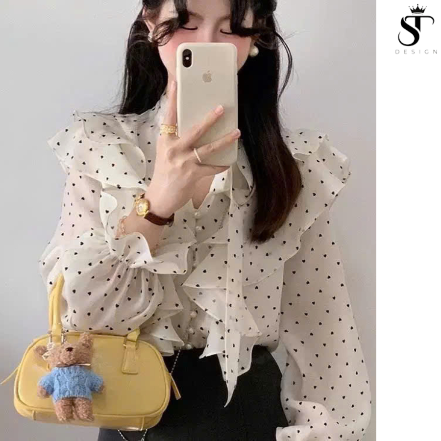 Áo sơ mi voan Hàn Thô phối bèo chấm tim thắt nơ - ST Design - 53