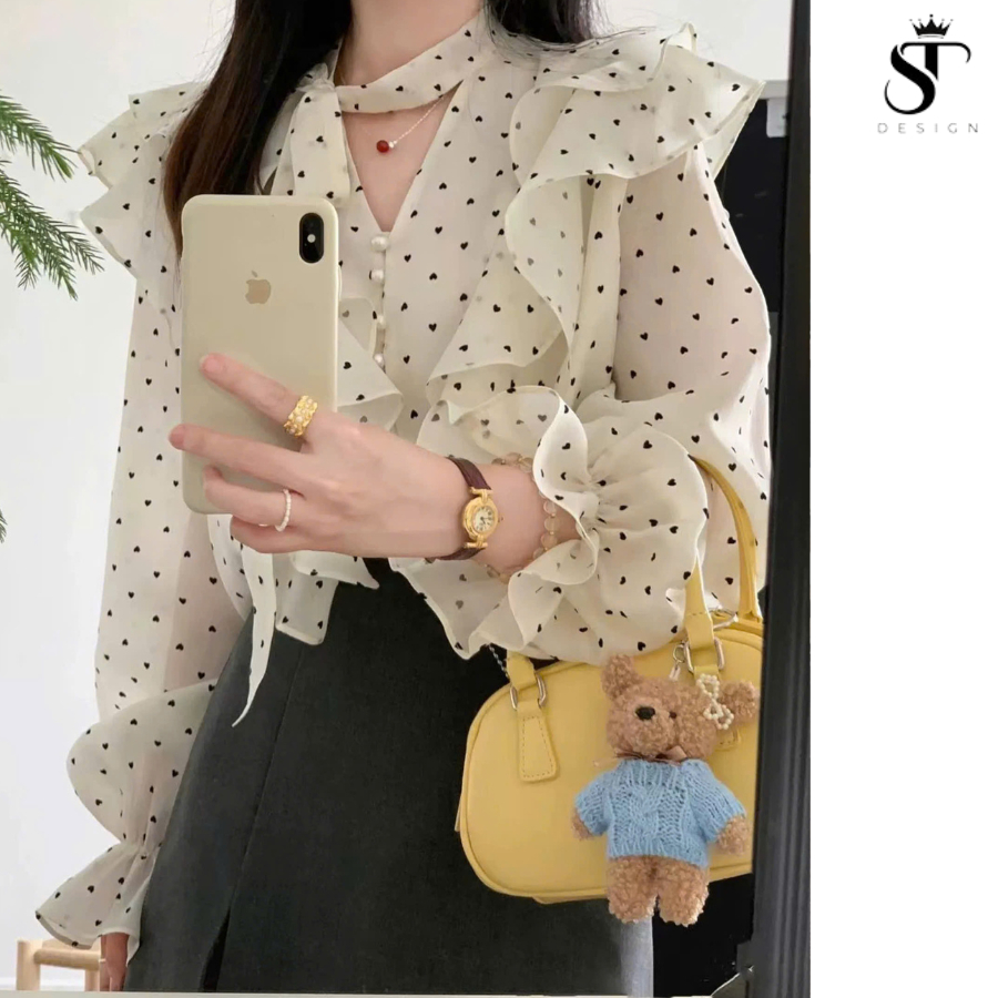 Áo sơ mi voan Hàn Thô phối bèo chấm tim thắt nơ - ST Design - 53
