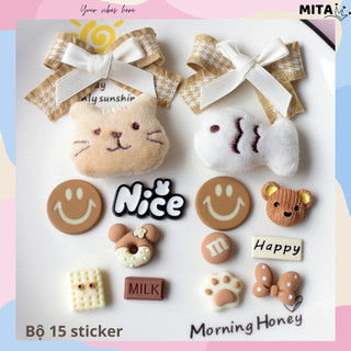 Set 14 Sticker, Charm 3D chủ đề cá mèo bông gắn Dép Sục, Cá Sấu JB-200 Mita