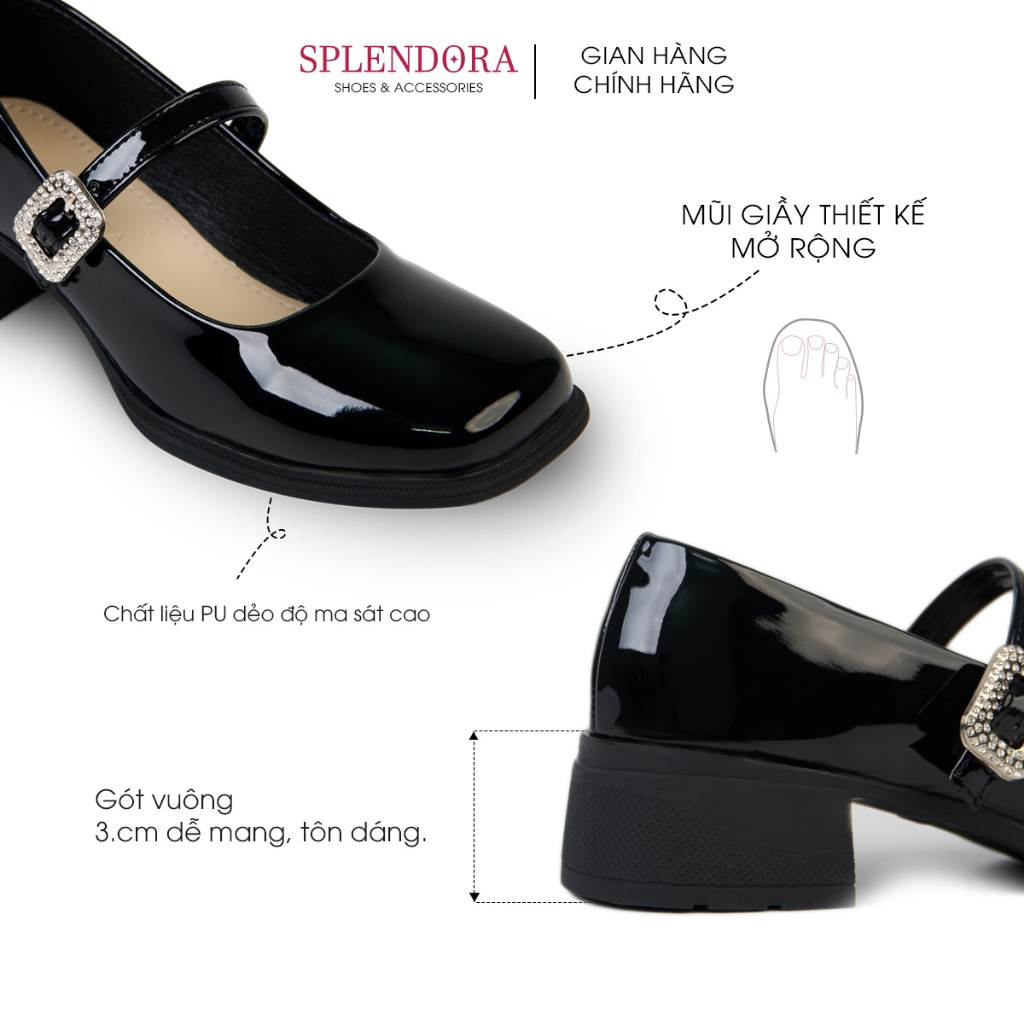 Giày Búp Bê Phối Quai Ngang Đính Khóa Đá Splendora Gót Vuông Cao 3cm Lolita Kiểu Dáng Công Chúa _M6
