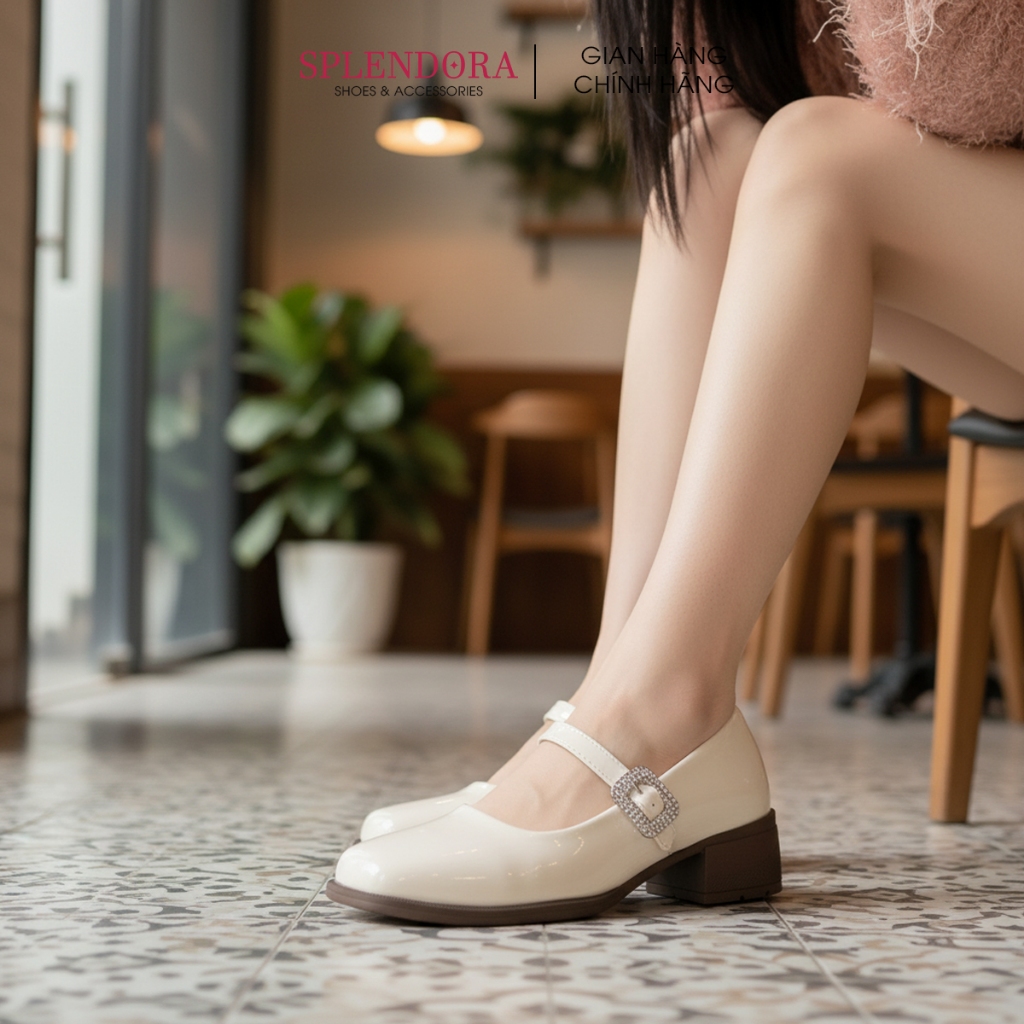 Giày Búp Bê Phối Quai Ngang Đính Khóa Đá Splendora Gót Vuông Cao 3cm Lolita Kiểu Dáng Công Chúa _M6