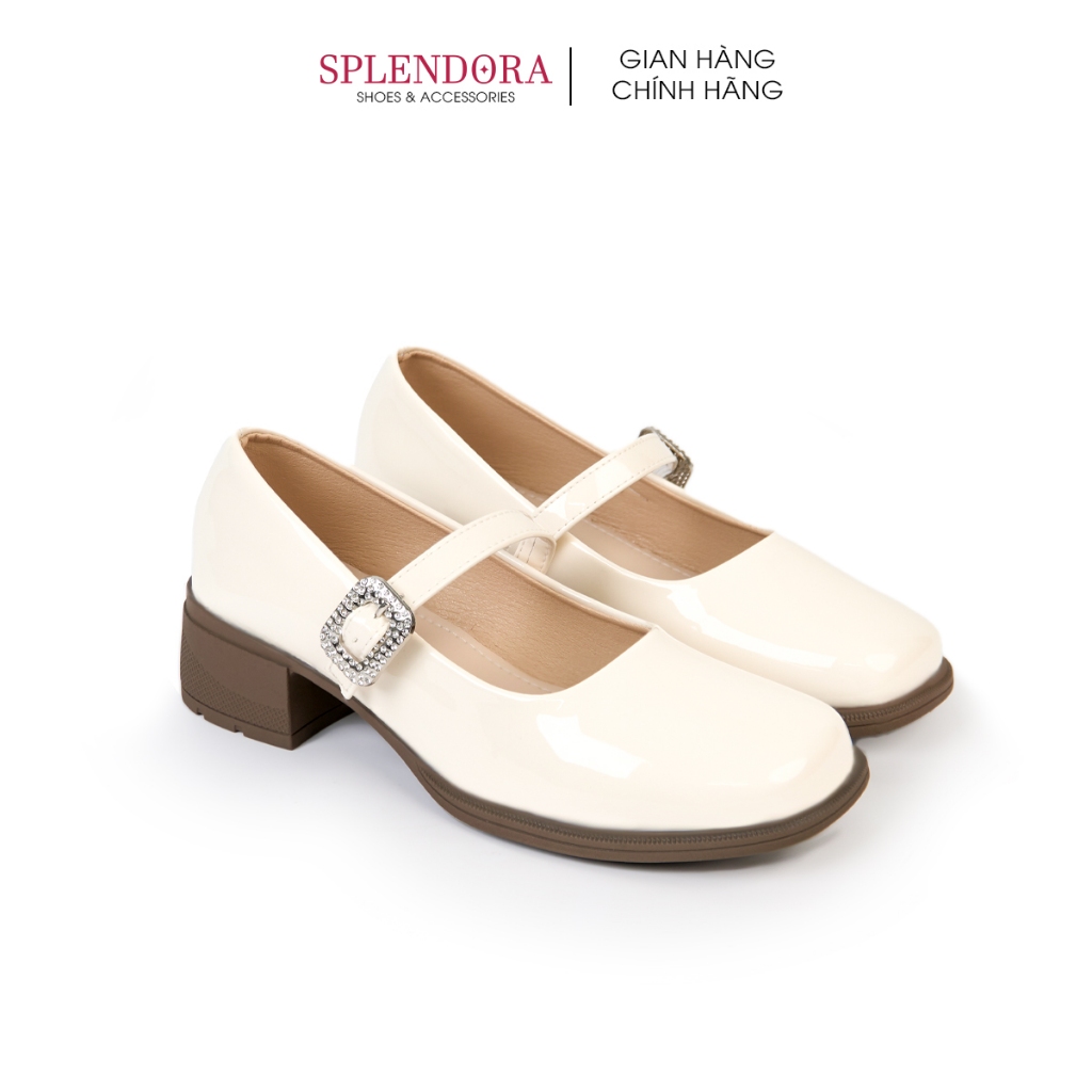 Giày Búp Bê Phối Quai Ngang Đính Khóa Đá Splendora Gót Vuông Cao 3cm Lolita Kiểu Dáng Công Chúa _M6