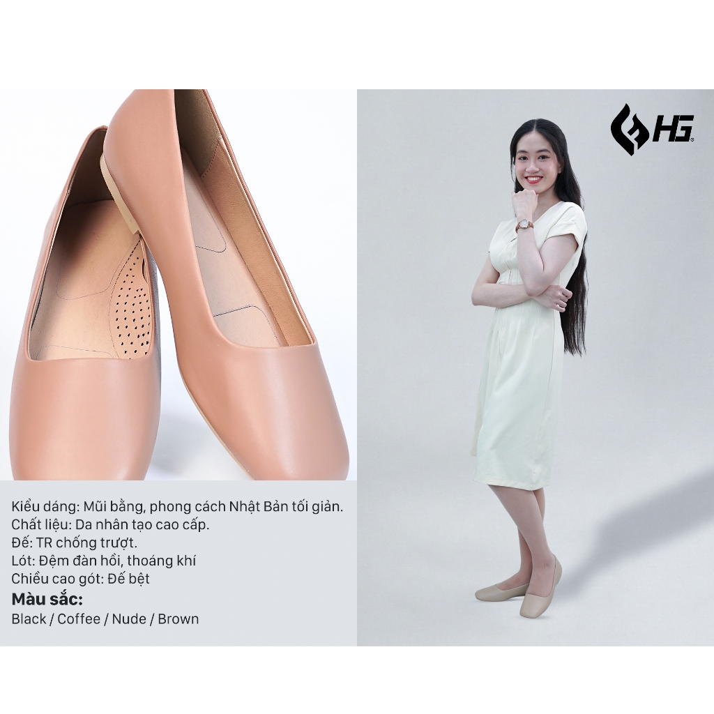 Giày Da Nữ HG Đế Bệt Mũi Vuông, Phong Cách Nhật Bản HG3325 .
