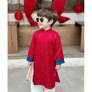 [KÈM QUẦN]Áo dài cách tân cho bé trai, Bộ áo dài bé trai lễ tết in hình chất lụa gấm 2 da cao cấp mềm mại DA11- BIATON