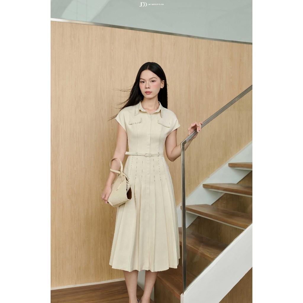 Đầm Thu Đông Cổ Đức Vai Trờm, Chân Xếp Ly 1F40.2511, Đầm Dáng A Midi Cổ Bẻ Túi Giả Menswear Thanh Lịch Cổ Điển By JM