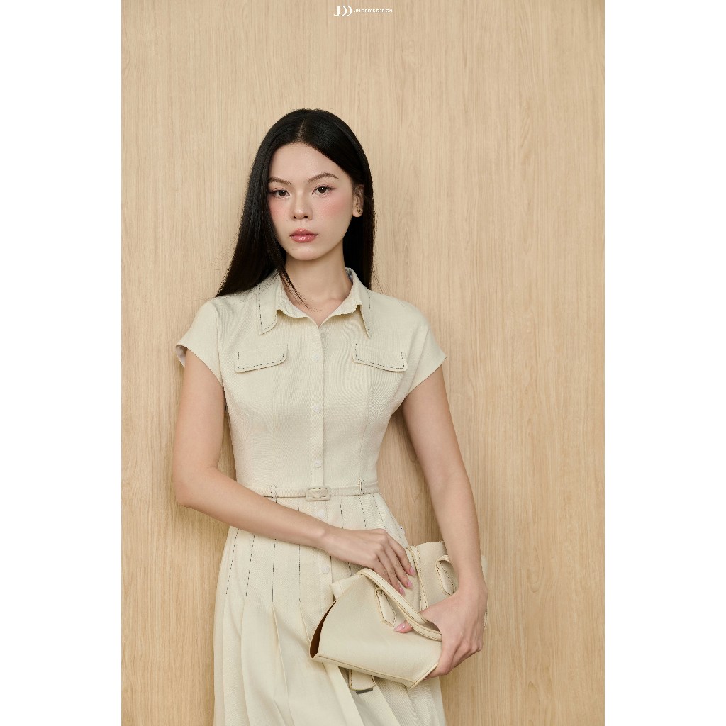 Đầm Thu Đông Cổ Đức Vai Trờm, Chân Xếp Ly 1F40.2511, Đầm Dáng A Midi Cổ Bẻ Túi Giả Menswear Thanh Lịch Cổ Điển By JM