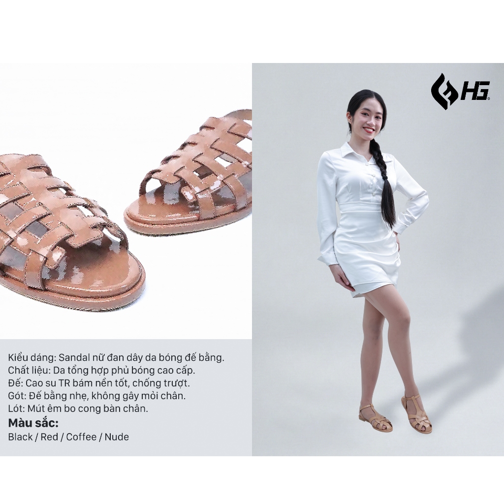 Giày Sandal Nữ HG Đan Dây Da Bóng Đế Bằng Cổ Điển | HG8325