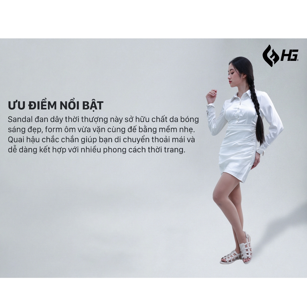 Giày Sandal Nữ HG Đan Dây Da Bóng Đế Bằng Cổ Điển | HG8325
