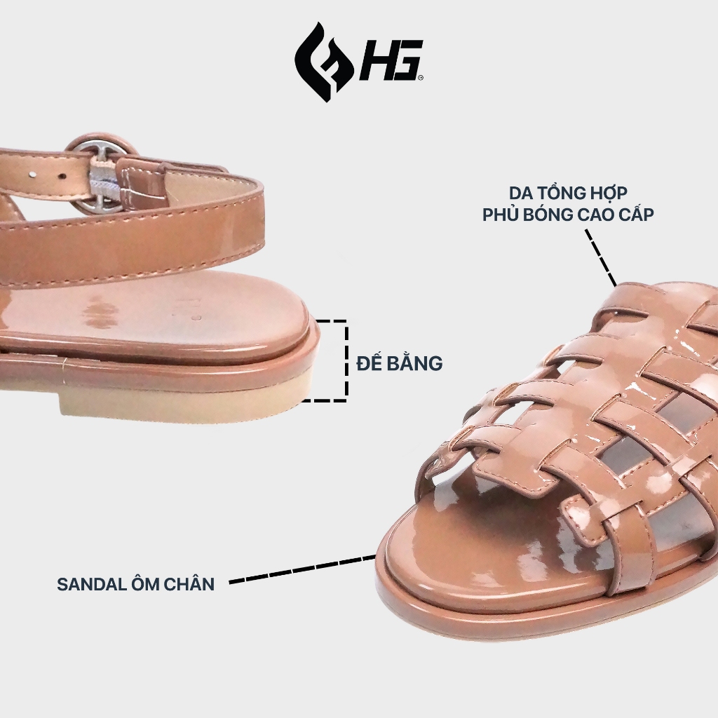 Giày Sandal Nữ HG Đan Dây Da Bóng Đế Bằng Cổ Điển | HG8325