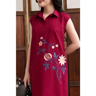 SWANLAKE | Váy Đầm Nữ Maxi Suông Sát Nách Cổ Sơ Mi Vải Linen Thêu Hoa Cao Cấp Đi Tiệc D13272