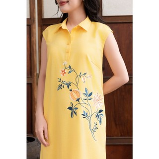SWANLAKE | Váy Đầm Nữ Maxi Suông Sát Nách Cổ Sơ Mi Vải Linen Thêu Hoa Cao Cấp Đi Tiệc D13272
