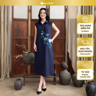 SWANLAKE | Váy Đầm Nữ Maxi Suông Sát Nách Cổ Sơ Mi Vải Linen Thêu Hoa Cao Cấp Đi Tiệc D13272