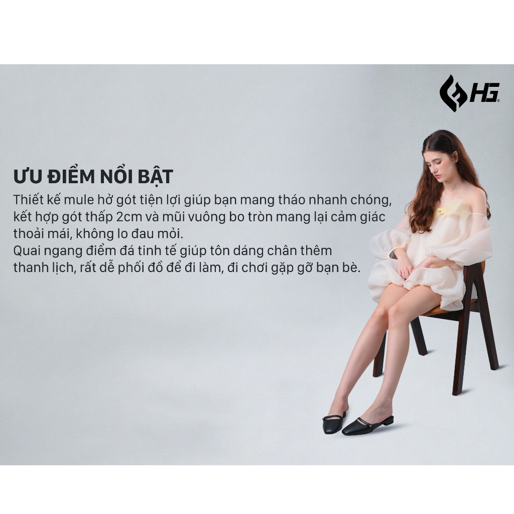 Giày Sục Nữ Mules HG Fashion Mũi Vuông Đế Thấp Thanh Lịch, Hàng Cao Cấp HG12325.