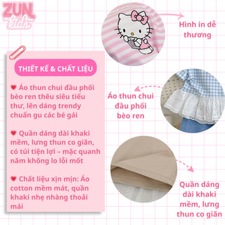Set Bộ Bé Gái Áo Thun Phối Ren Tiểu Thư+ Quần Kaki Mềm Dáng Suông AZB553