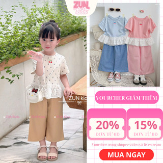 Set Bộ Bé Gái Áo Thun Phối Ren Tiểu Thư+ Quần Kaki Mềm Dáng Suông AZB553