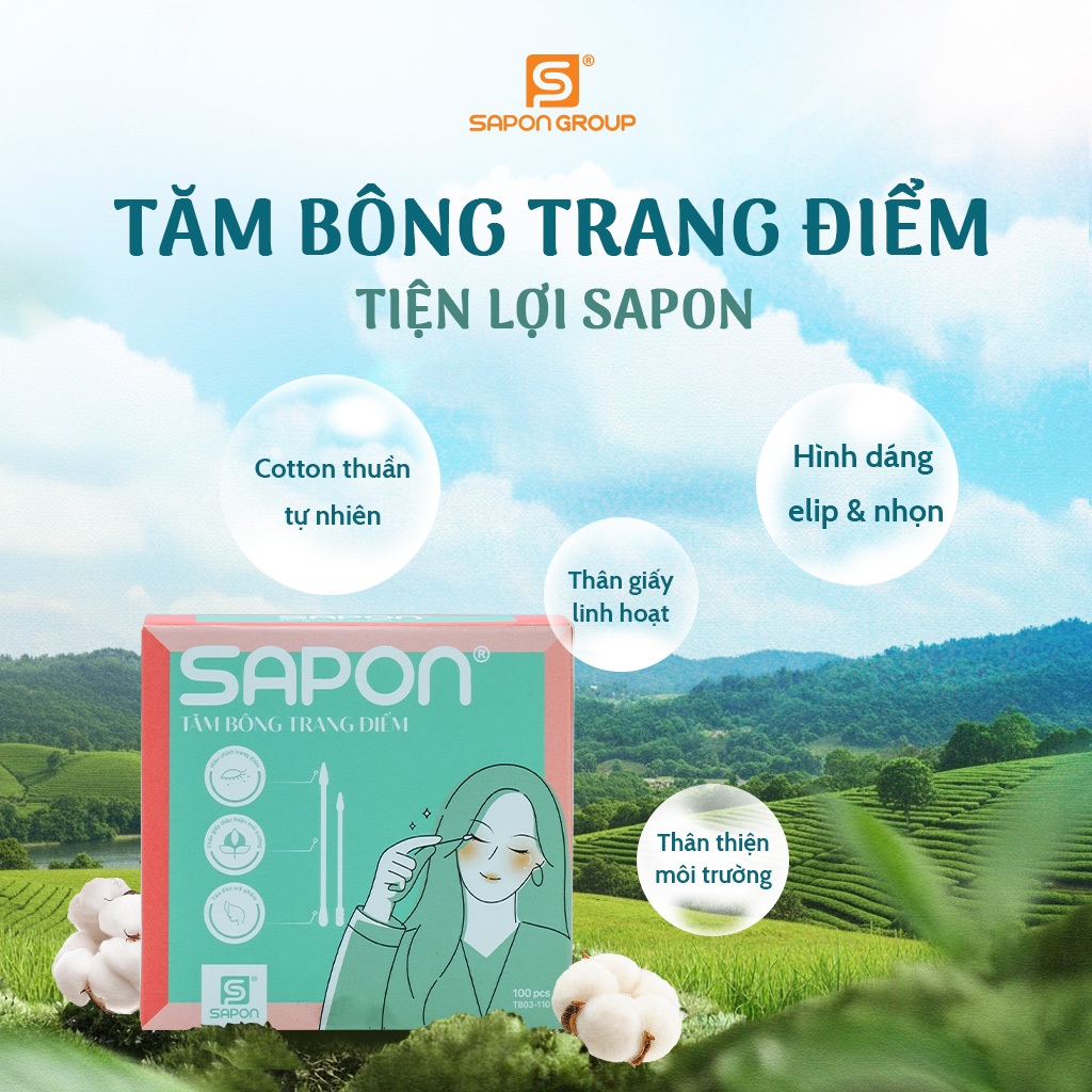 Combo 10 hộp Tăm bông trang điểm SAPON 100 que thân giấy đầu nhọn tiện lợi không xơ bông (TB03-110)