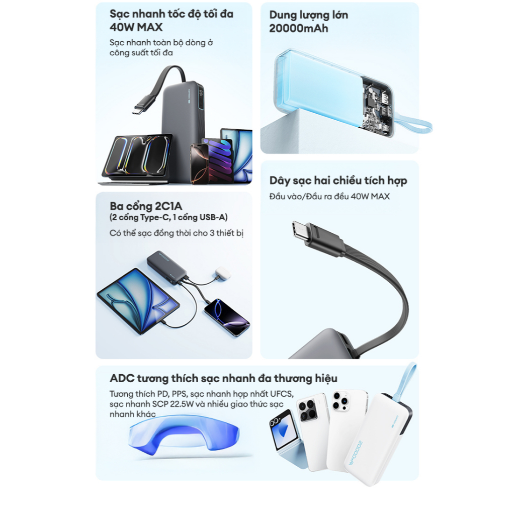 CUKTECH CP24 Sạc Di Động Kèm Cáp | Dung lượng 20.000mAh | Công Suất Max 40W | Bảo Hành 18 Tháng LPB200NL/LPB200N | BigBuy360 - bigbuy360.vn