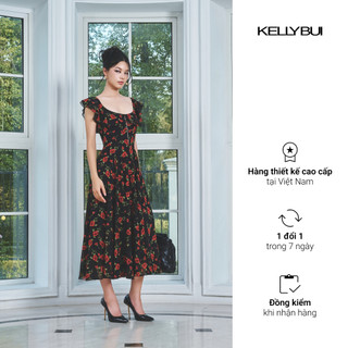 [KELLYBUI] Đầm liền dáng dài hoạ tiết hoa phối khoá kéo, phong cách thời trạng nữ thanh lịch